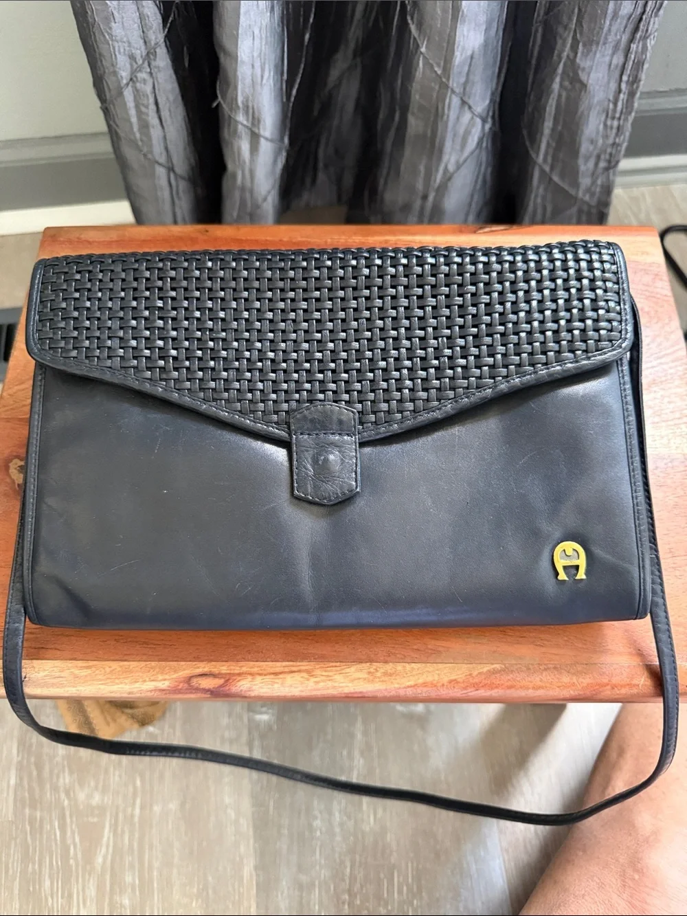 Vintage Etienne Aigner Black Woven Flap Messenger Bag with Gold Logo